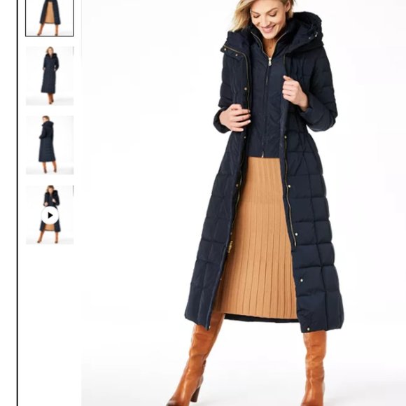 Cole Haan Navy Hooded Down Maxi Puffer Coat